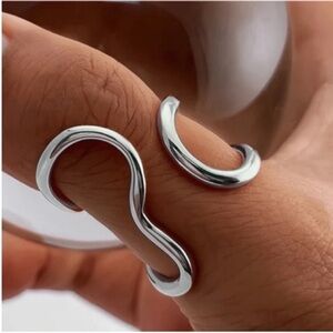 New! Silver Wave Open Ring Adjustable Minimalist Sculptural Statement Ring NWOT